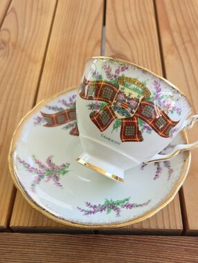 Stafford Bone China Teacup with Purple Floral & Green Crest " Cameron"